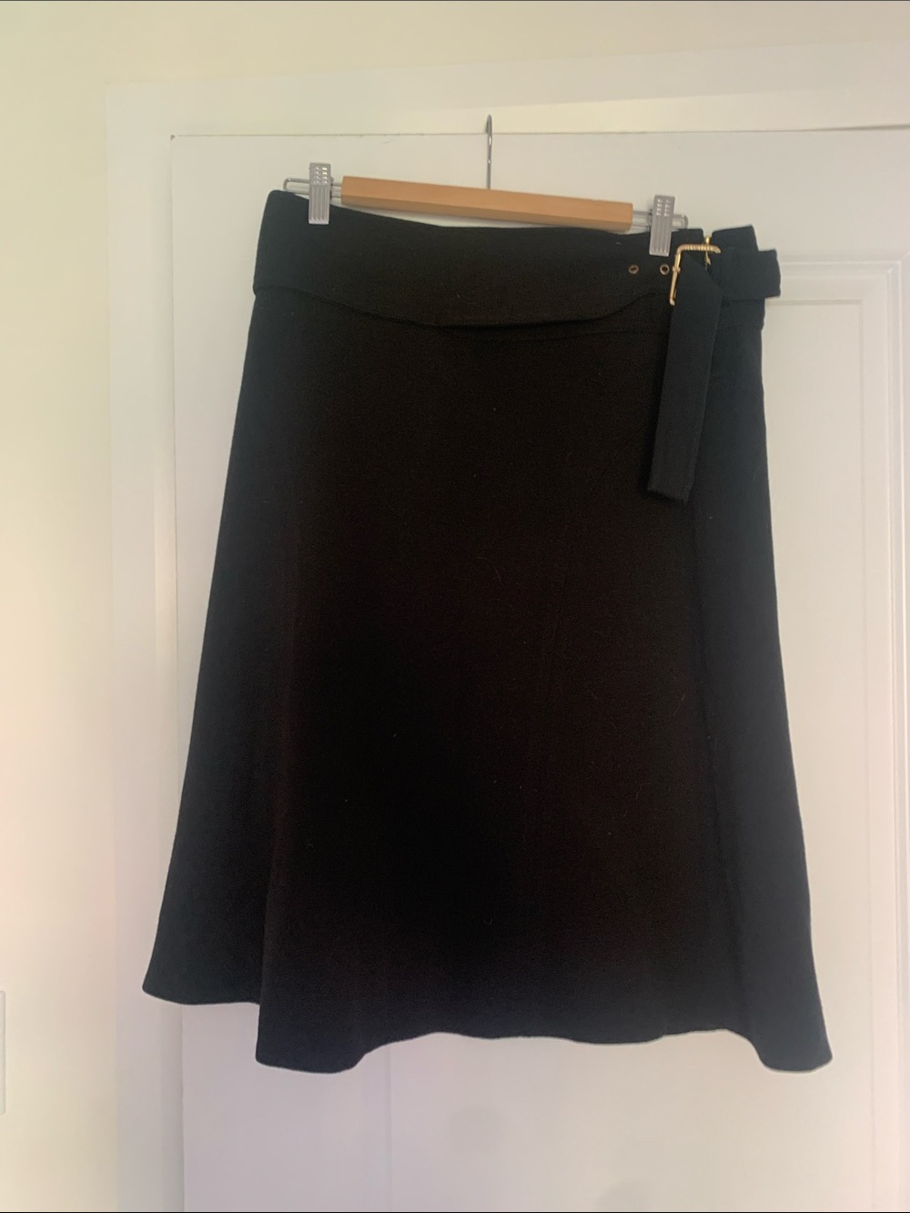Tory Burch Women's Black A-Line Skirt with Side Gold Buckle Detail